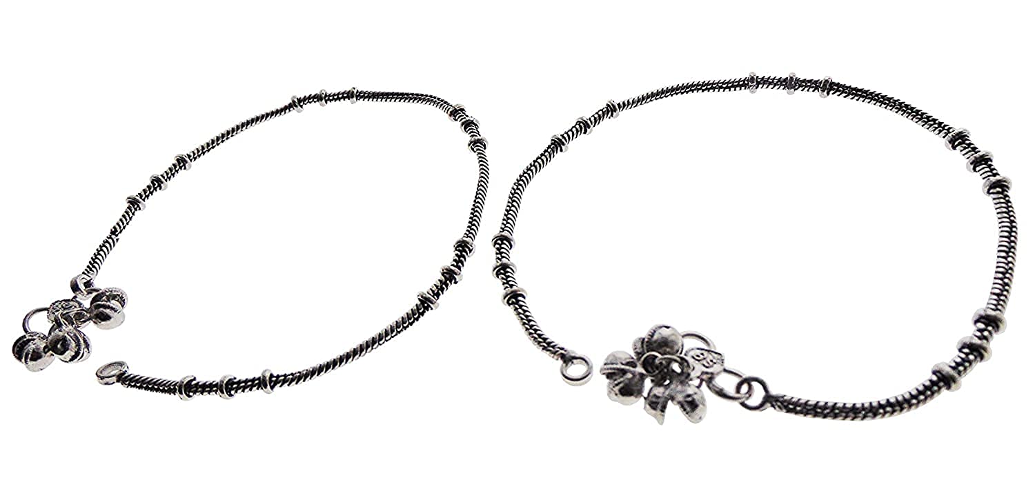 Chimera Antique Oxidized Silver Anklet with Designer Coil Beads and Silver Beaded Charms and Bells with Stylish Clasp for Women and Girls