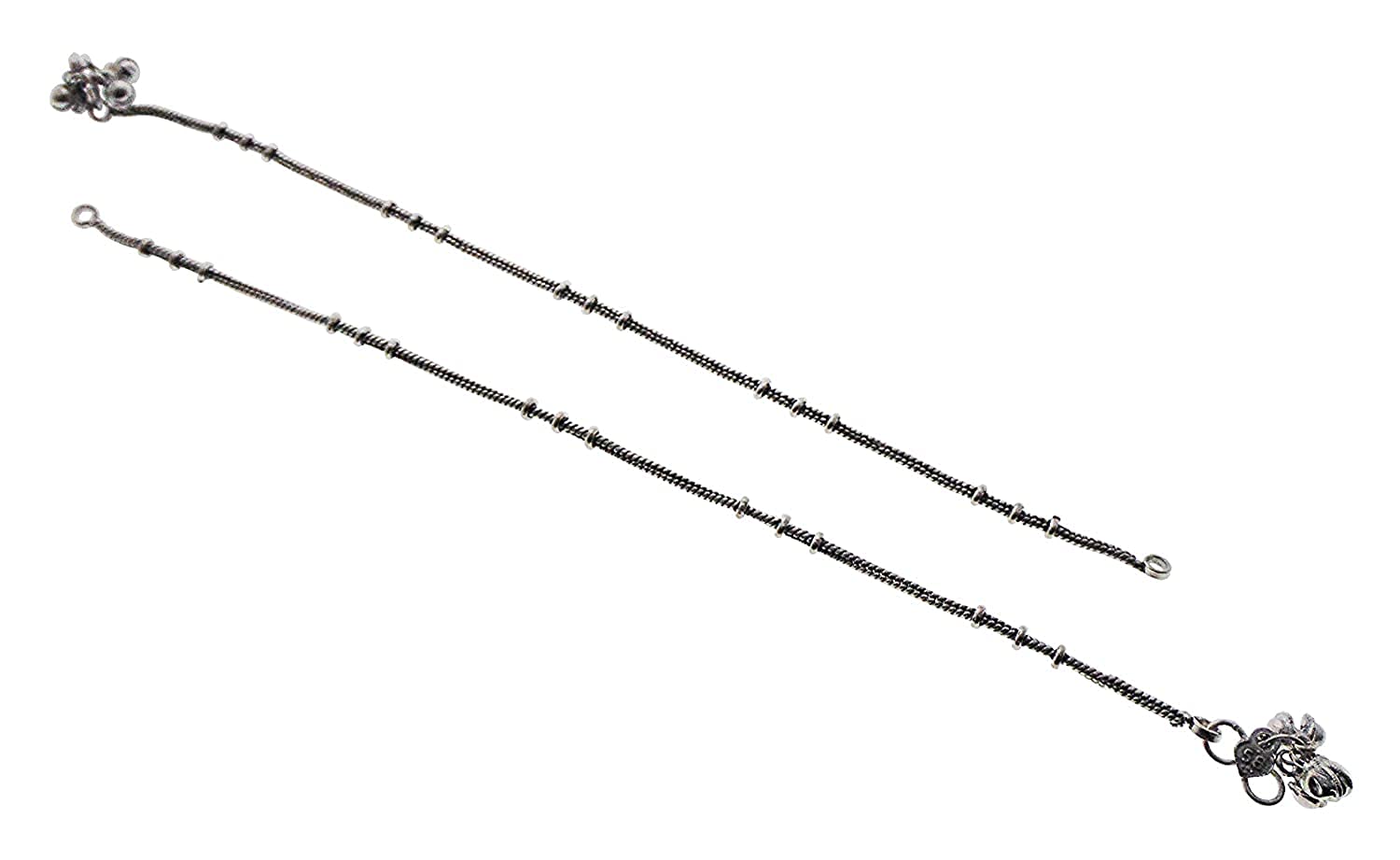 Chimera Antique Oxidized Silver Anklet with Designer Coil Beads and Silver Beaded Charms and Bells with Stylish Clasp for Women and Girls