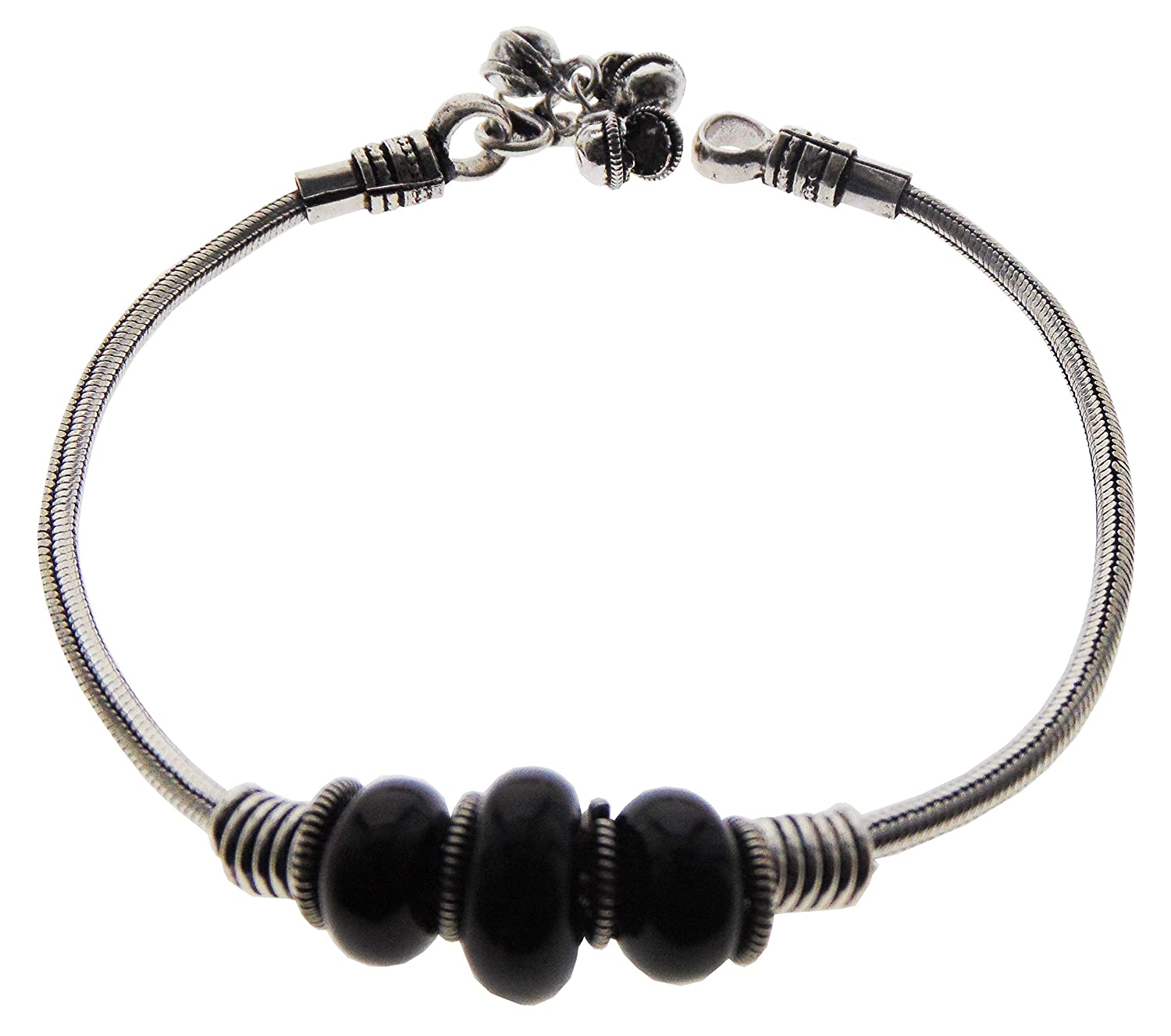 Chimera Oxidized Silver Anklet with Designer Coils, Beads with Black Beaded Charms and Bells for Women and Girls