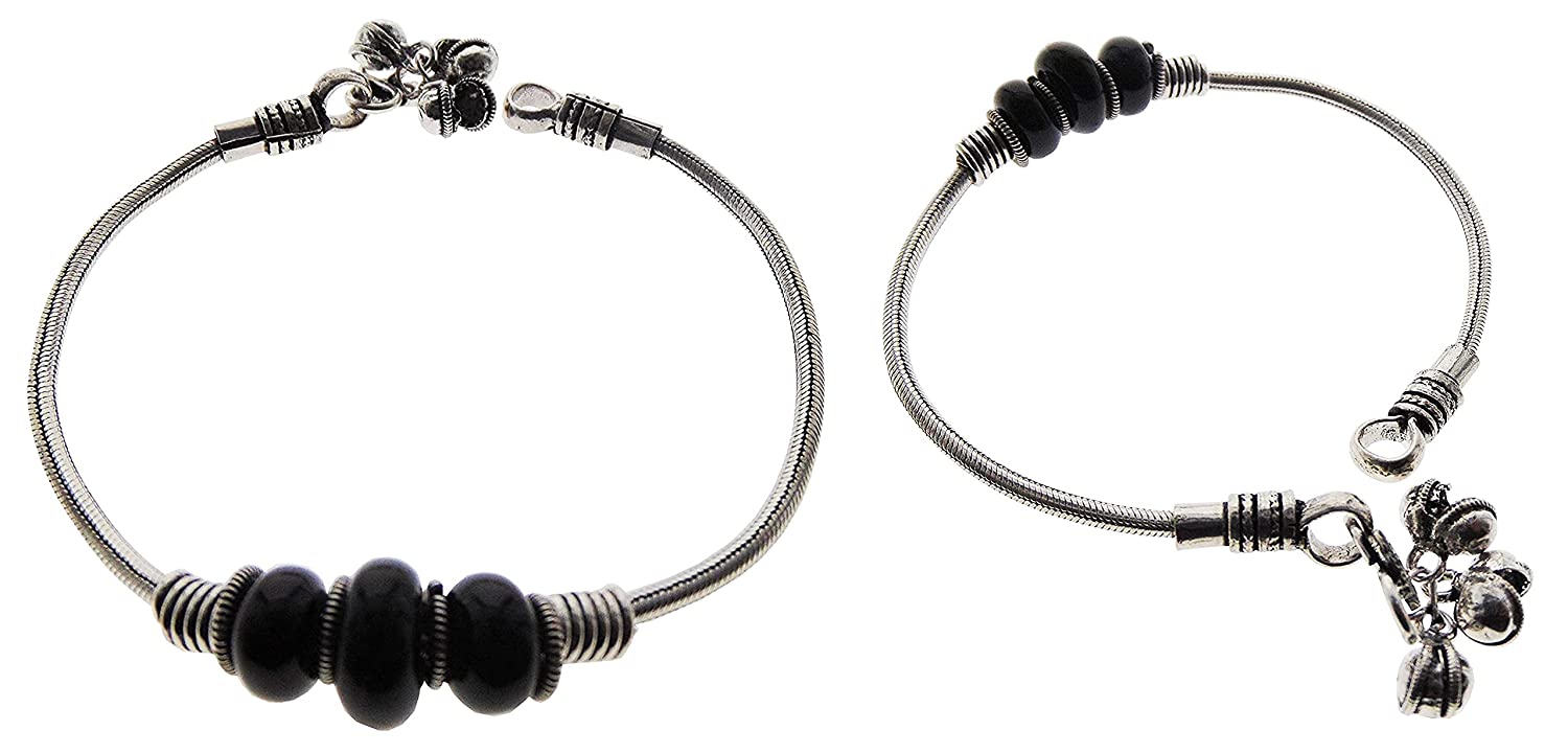 Chimera Oxidized Silver Anklet with Designer Coils, Beads with Black Beaded Charms and bells for Women and Girls (2)