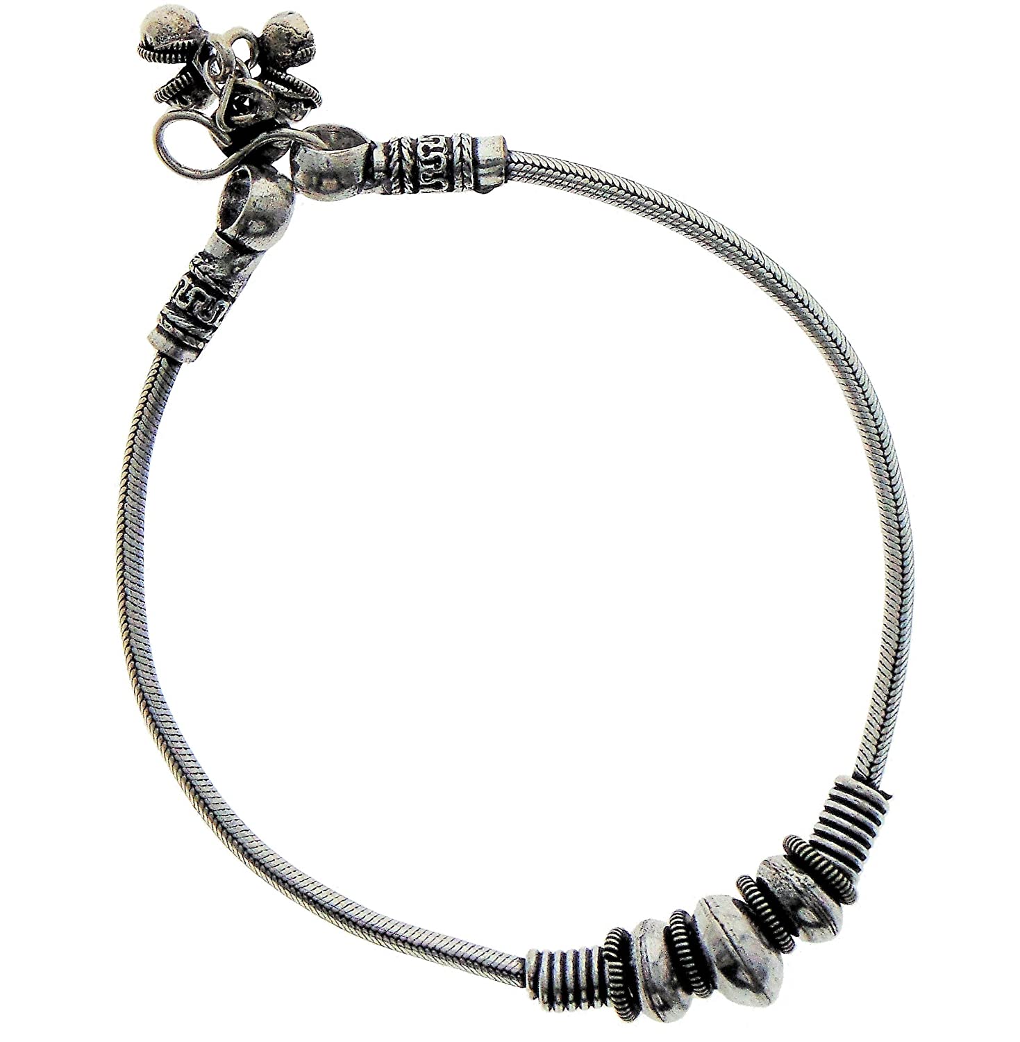 CHIMERA Antique Oxidized Silver Anklet with Designer Coil Beads and Charms with Stylish Clasp for Women and Girls