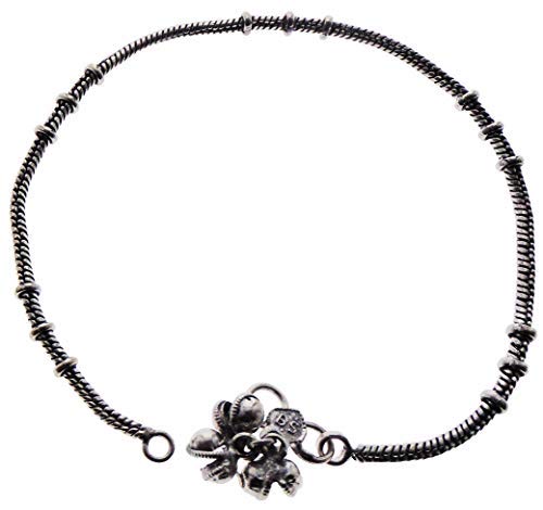 Chimera Antique Oxidized Silver Anklet with Designer Coil Beads and Silver Beaded Charms and Bells with Stylish Clasp for Women and Girls