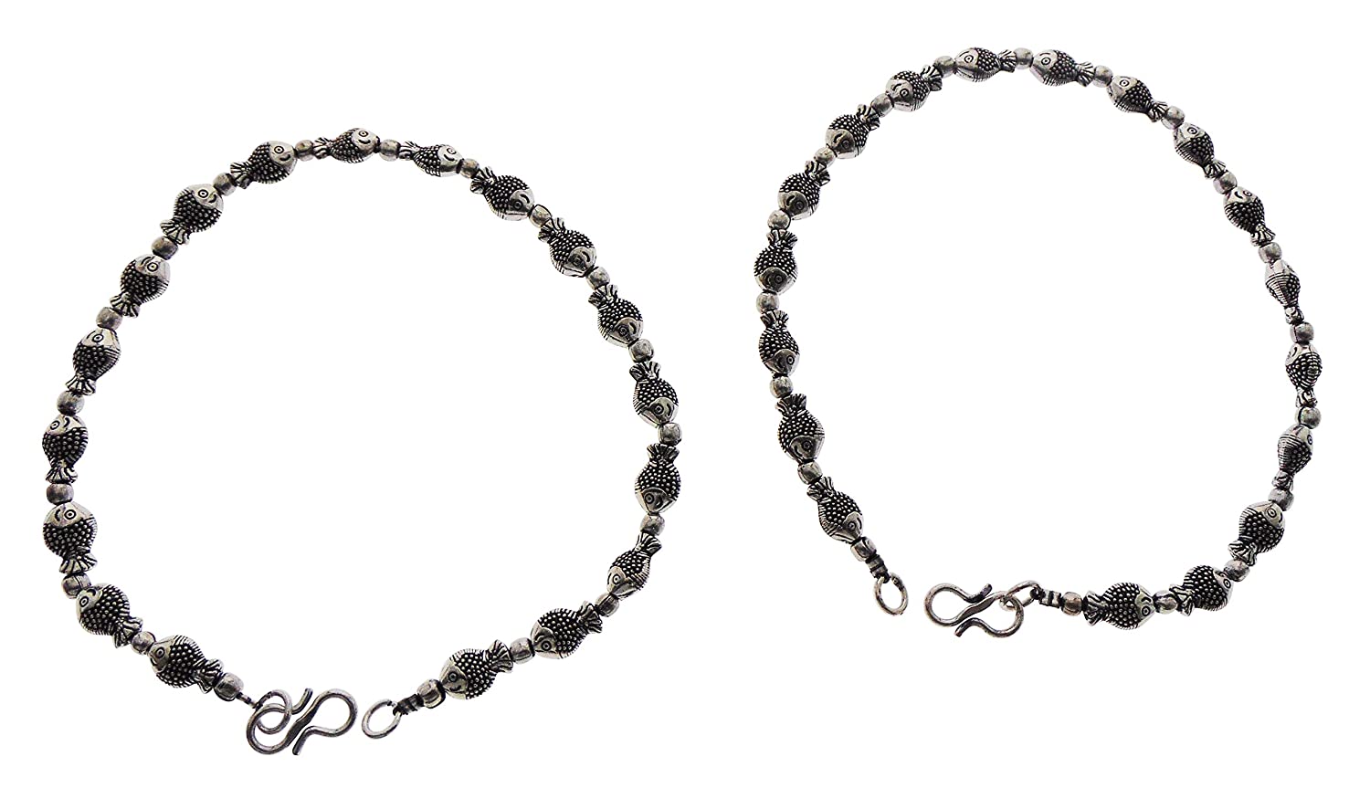 CHIMERA Oxidized Silver Anklet with Silver Fish Pattern Beads for Women and Girls