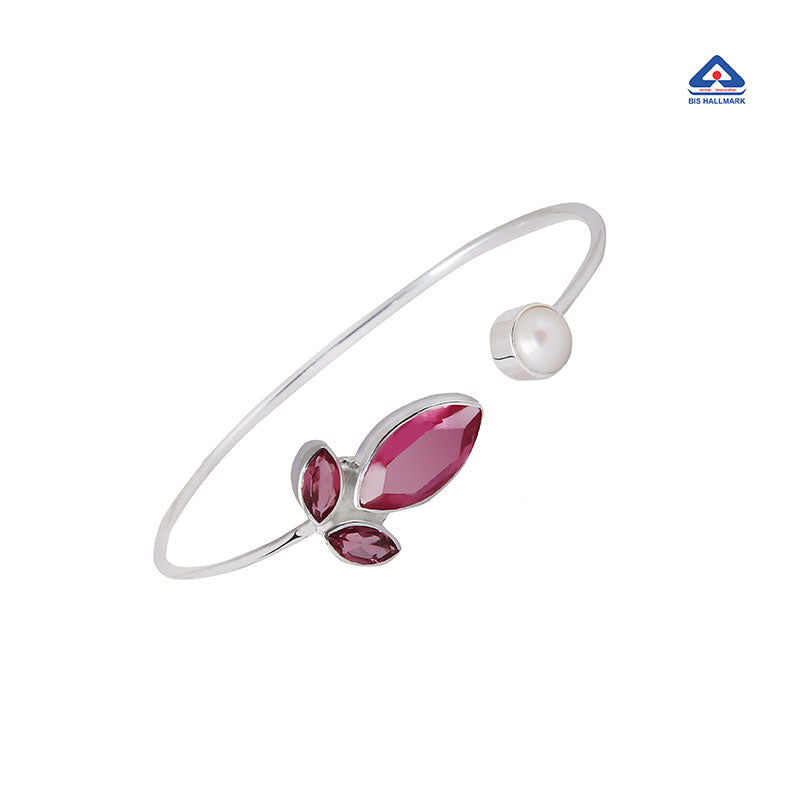 Ruby Stone Freshwater Pearl Silver Bangle