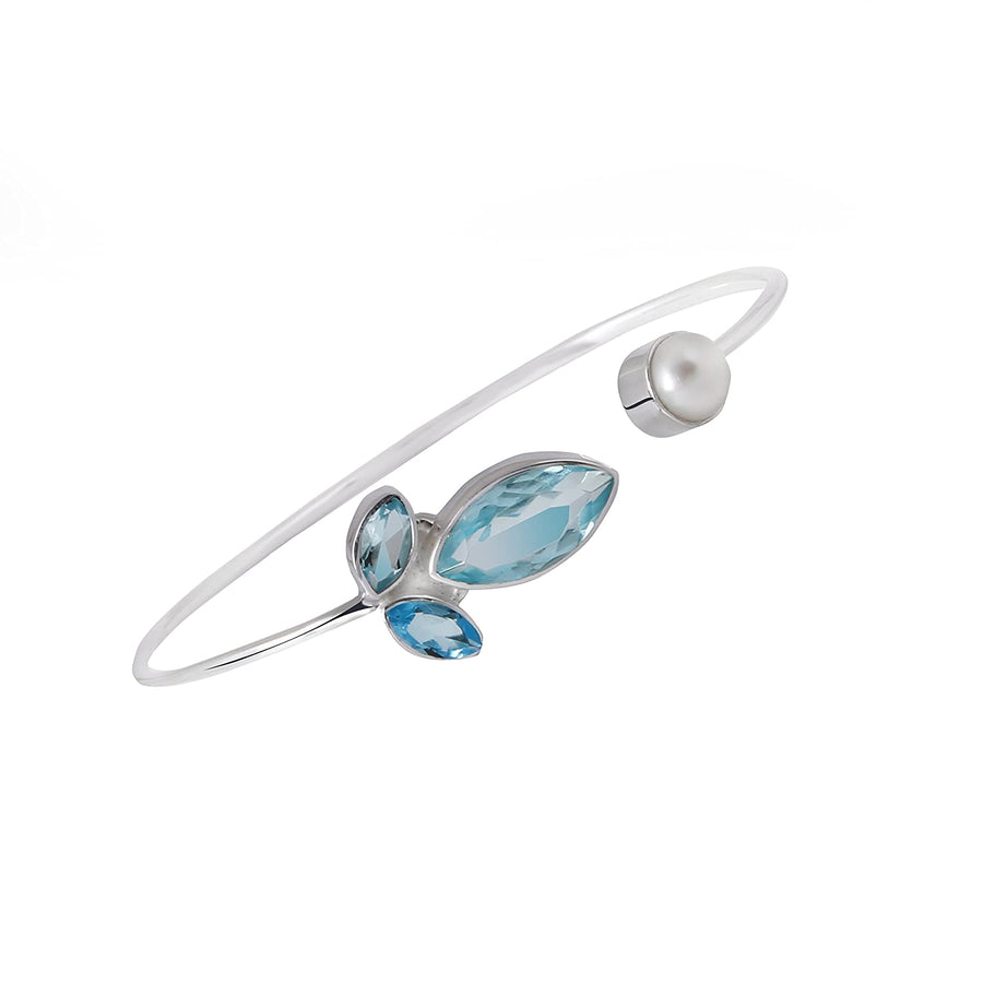 Light Aquamarine Gemstone & Pearl Silver Bangle