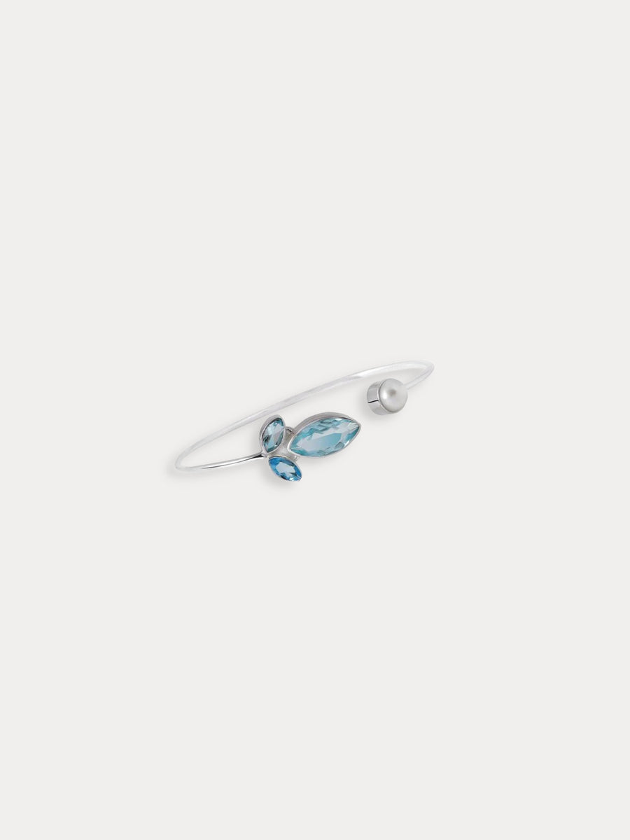 Light Aquamarine Gemstone & Pearl Silver Bangle