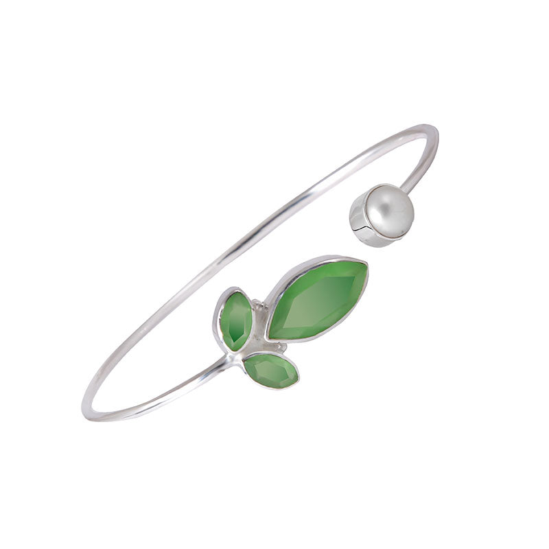 Olive Green Jade & Pearl Silver Bangle