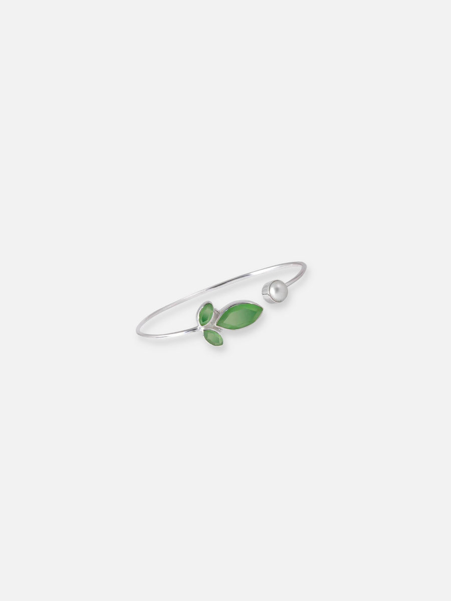 Olive Green Jade & Pearl Silver Bangle