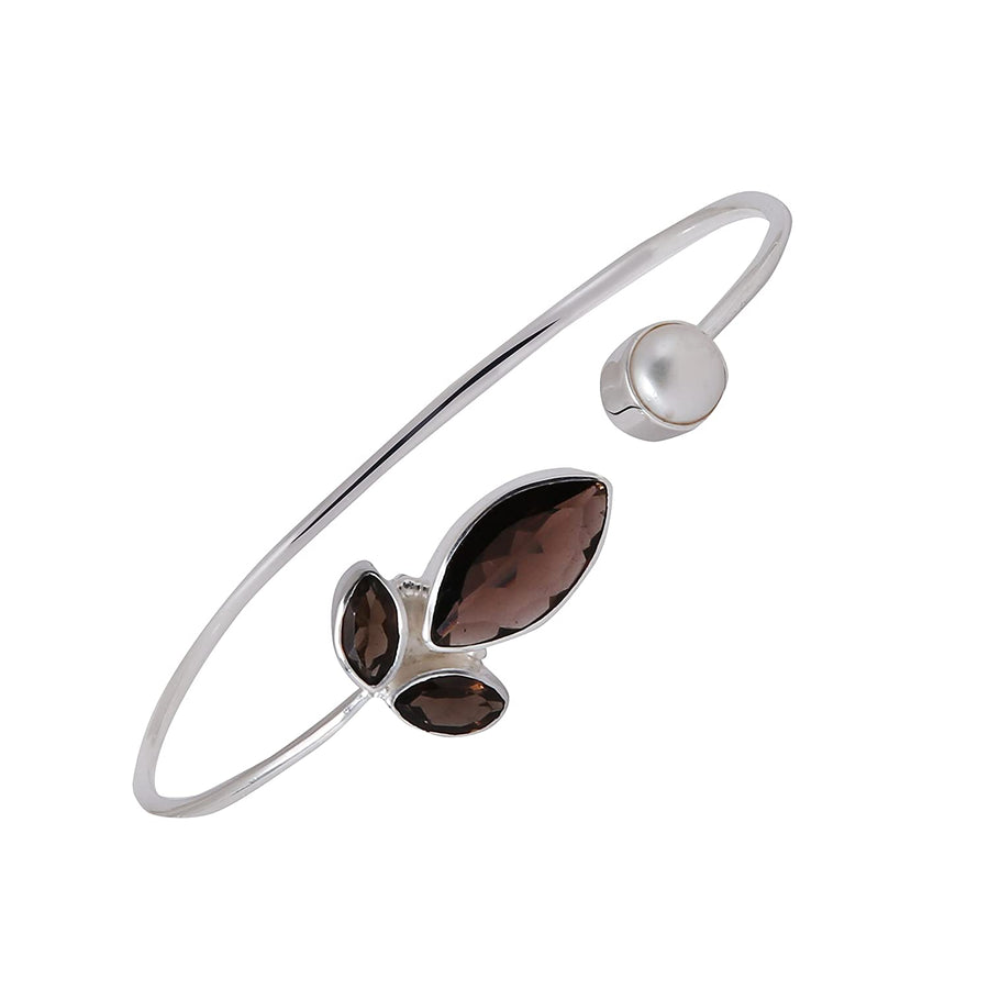 Smoky Quartz and Freshwater Pearl Silver Bangle