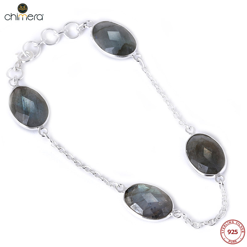 Oval Rainbow Blue Labradorite Silver Bracelet