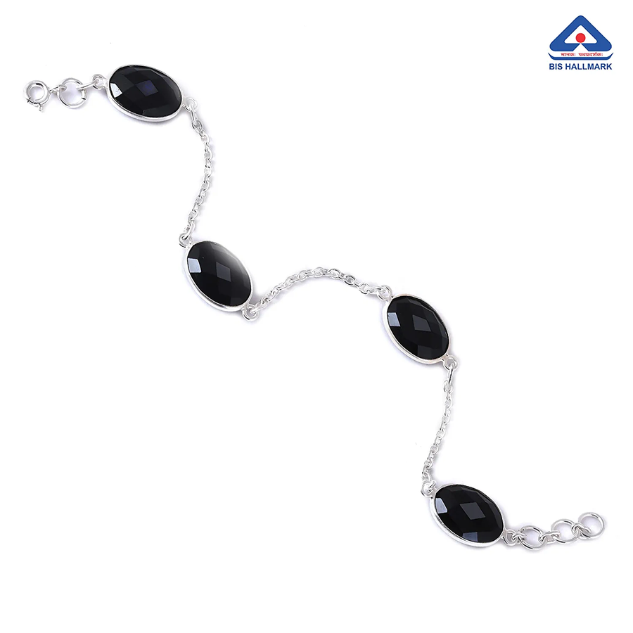 Oval Shaped Black Onyx  Silver Bracelet