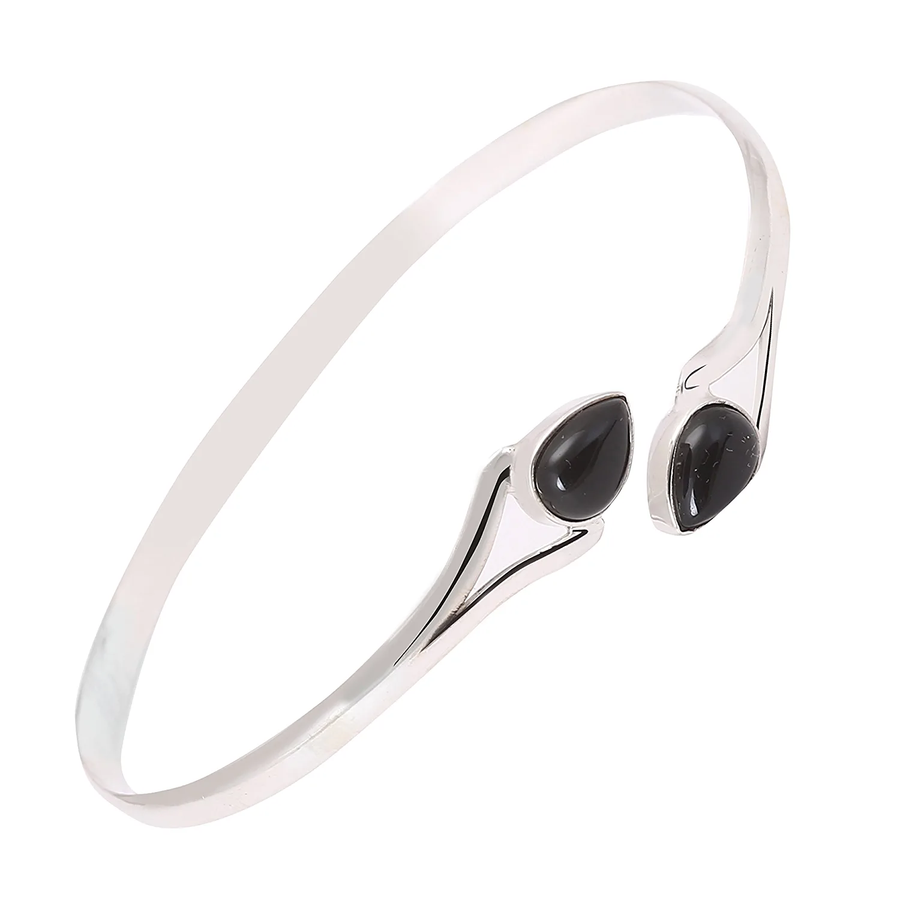 Natural Black Onyx Silver Bangle