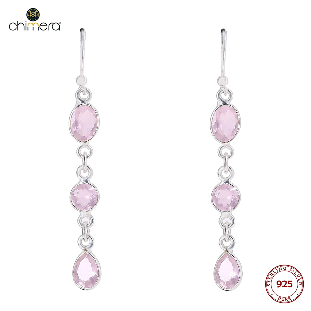 Triple Pink Chalcedony Long Earrings