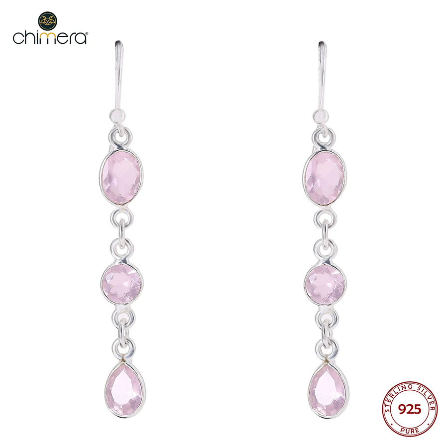 Triple Pink Chalcedony Long Earrings