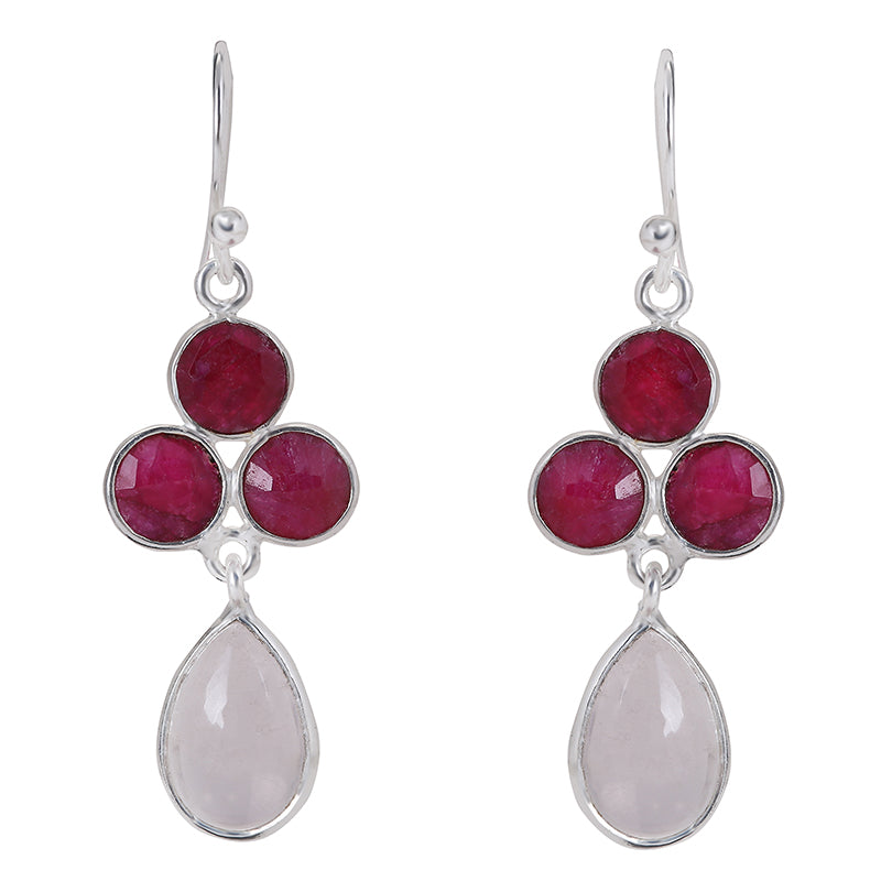 Ruby & White Moonstone Dangle Droplet Earrings