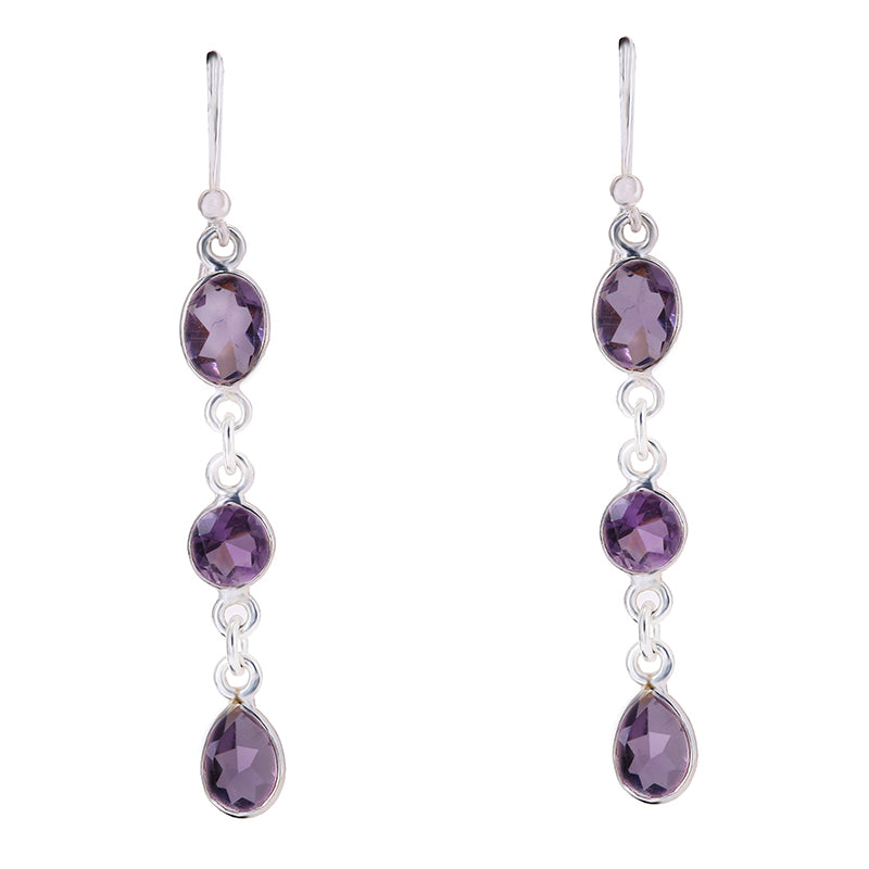 Triple Purple Amethyst Quartz Long Earrings