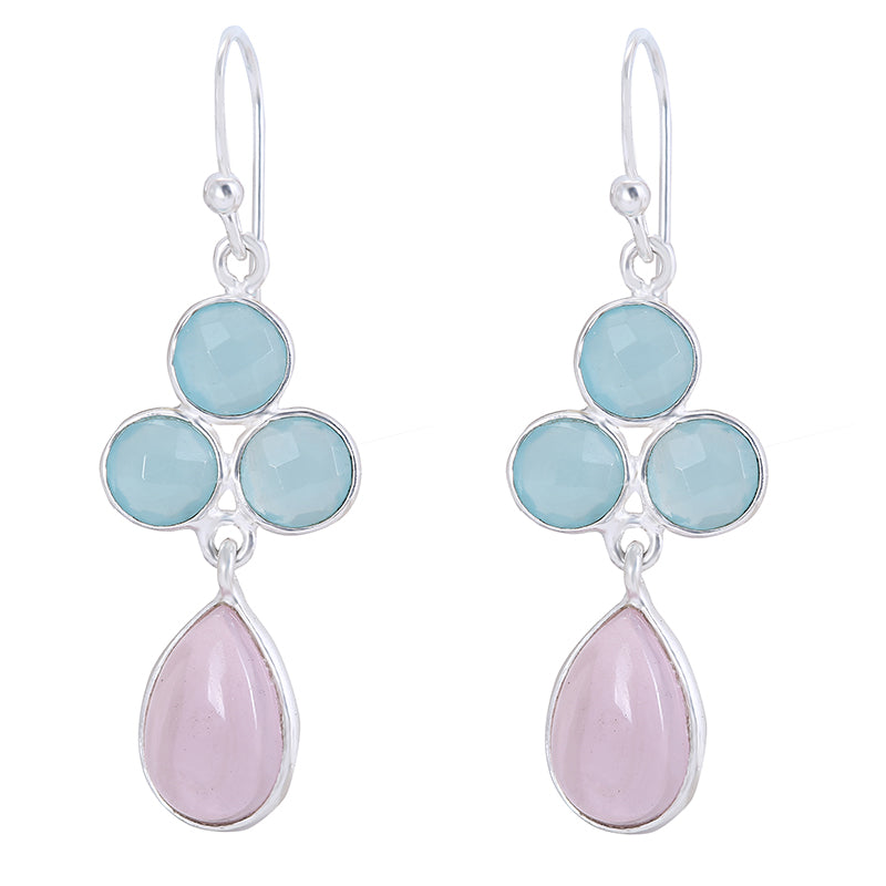 Grandidierite & Pink Chalcedony Dangle Droplet Earrings