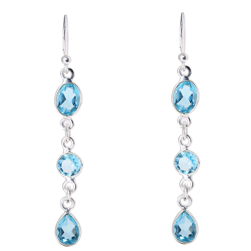 Triple Aquamarine Gemstone Long Earrings