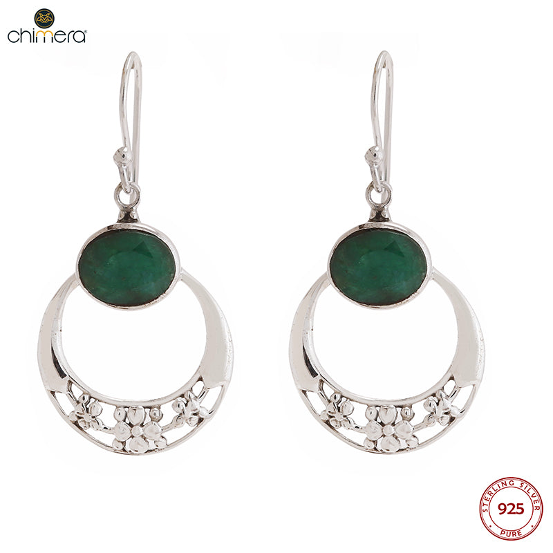 Natural Green Emerald Silver Disc Earrings