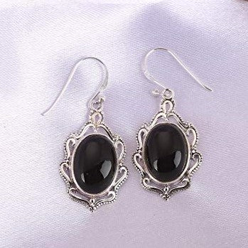 Black Onyx Antique Silver Earrings