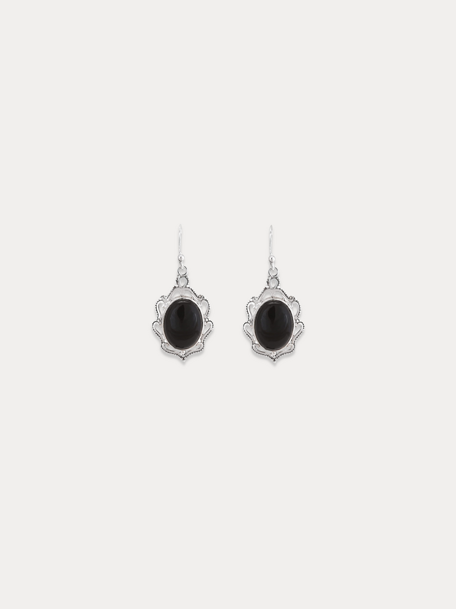 Black Onyx Antique Silver Earrings