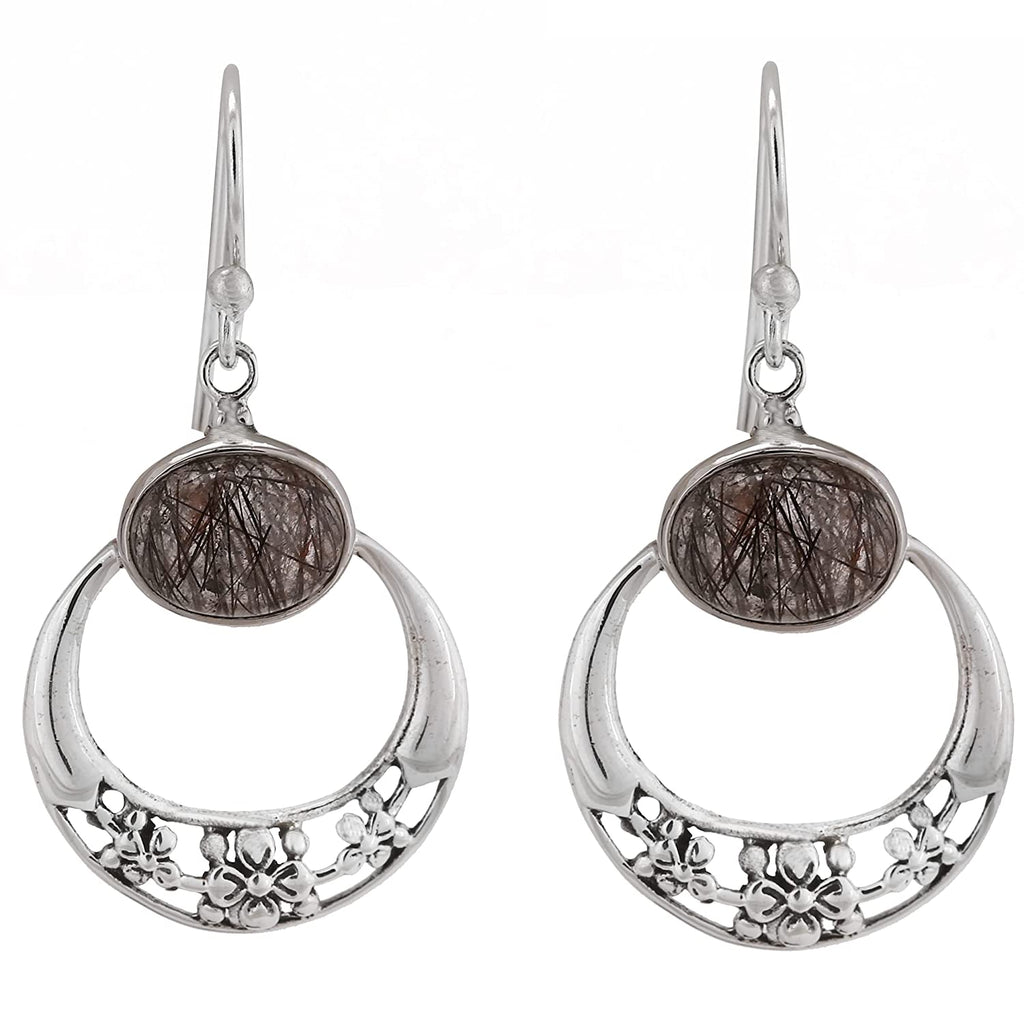 Natural Black Rutile Silver Disc Earrings