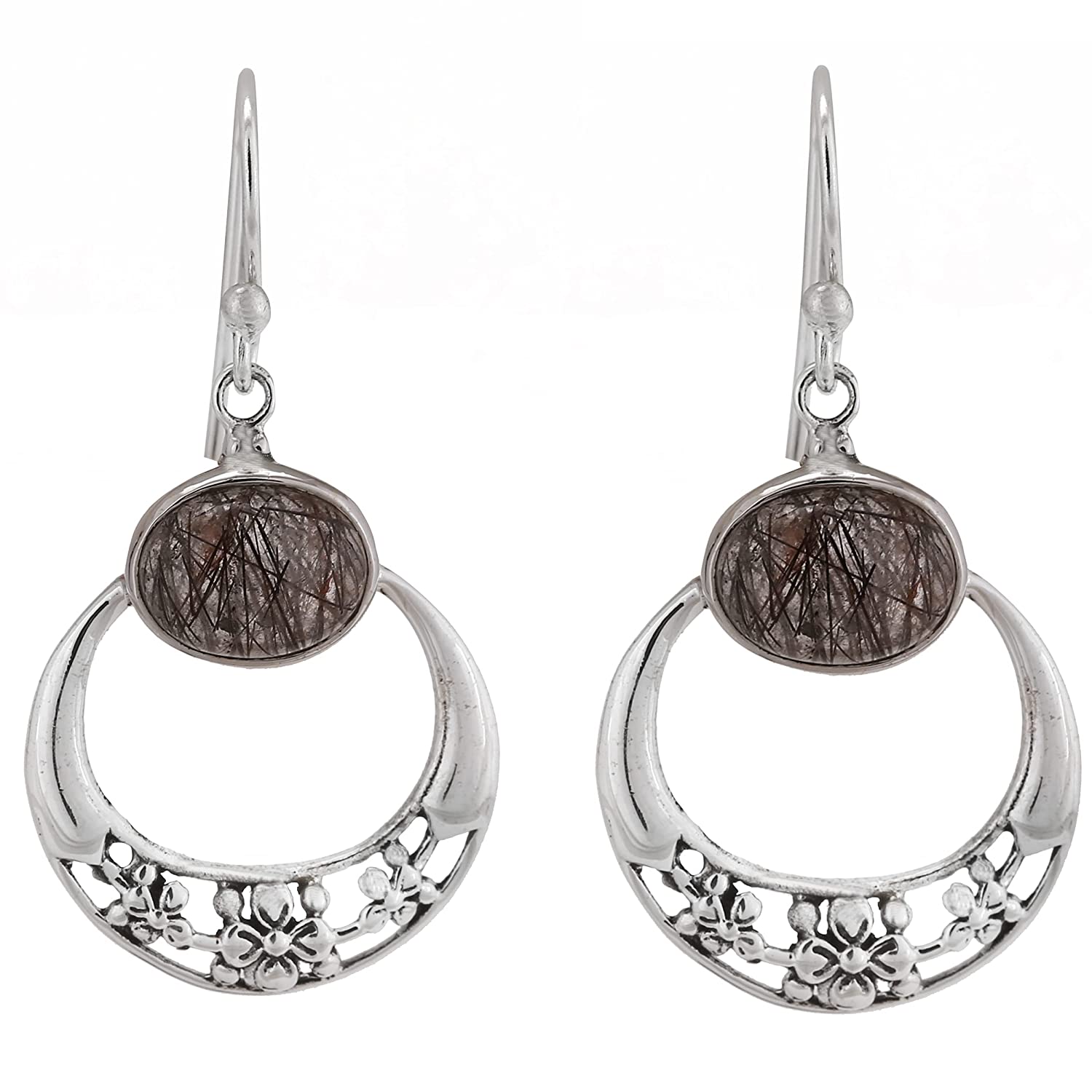 Natural Black Rutile Silver Disc Earrings