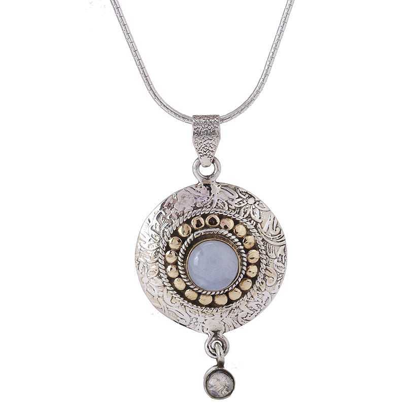 Blue Lace Studded Pendant Silver Necklace