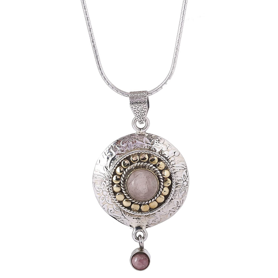 Natural Rose Quartz Studded Pendant Silver Necklace