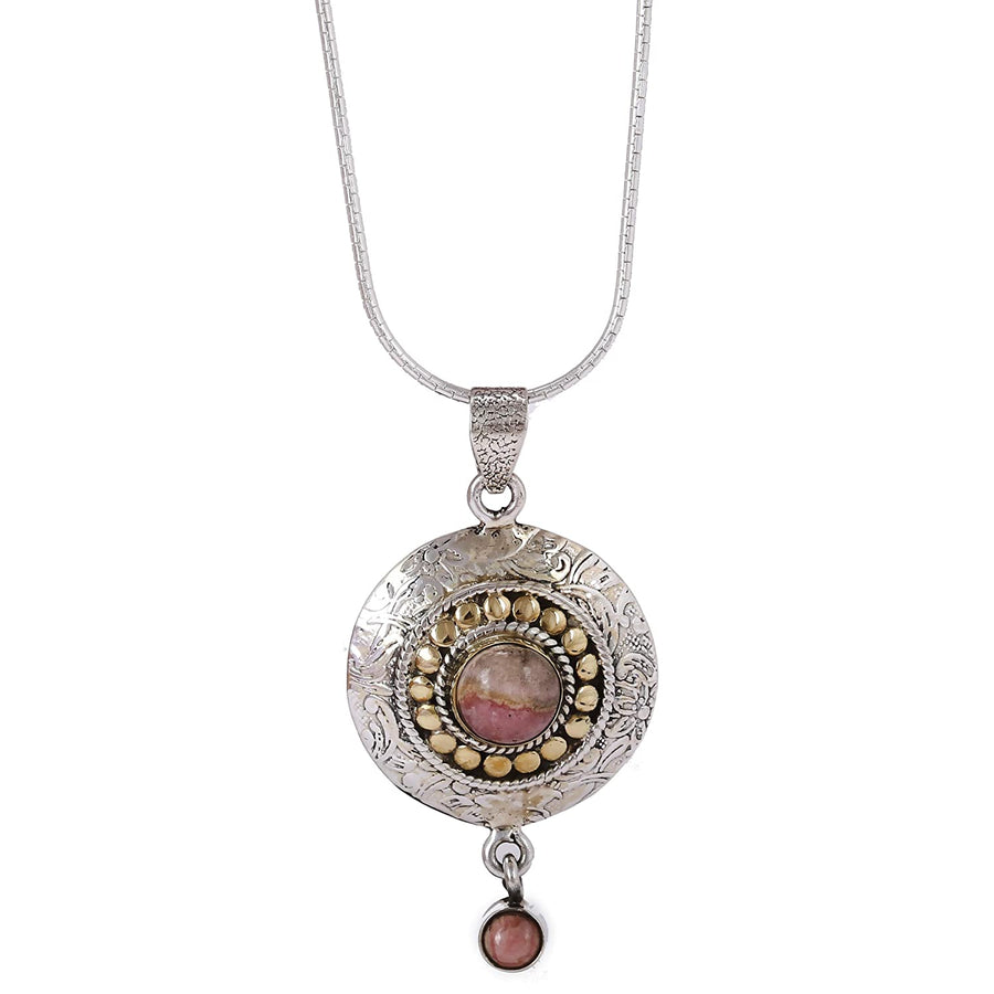 Rhodochrosite Studded Pendant Silver Necklace