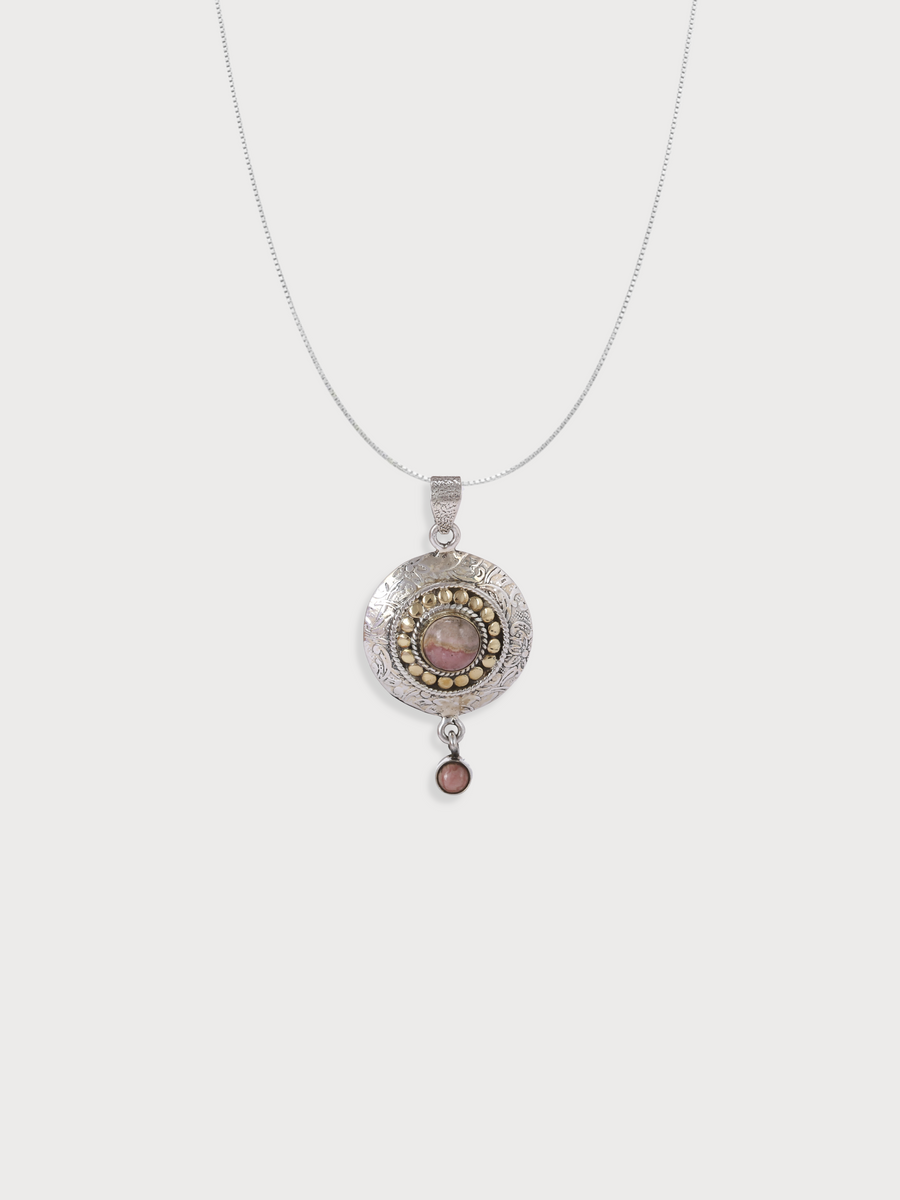 Rhodochrosite Studded Pendant Silver Necklace