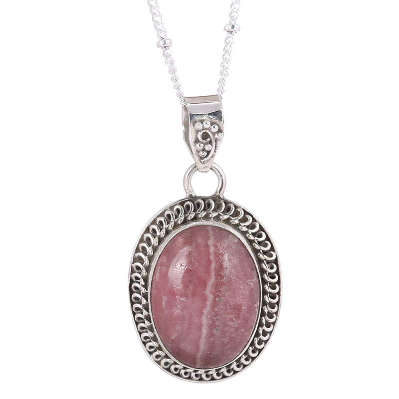 Rhodochrosite Studded Pendant Silver Necklace