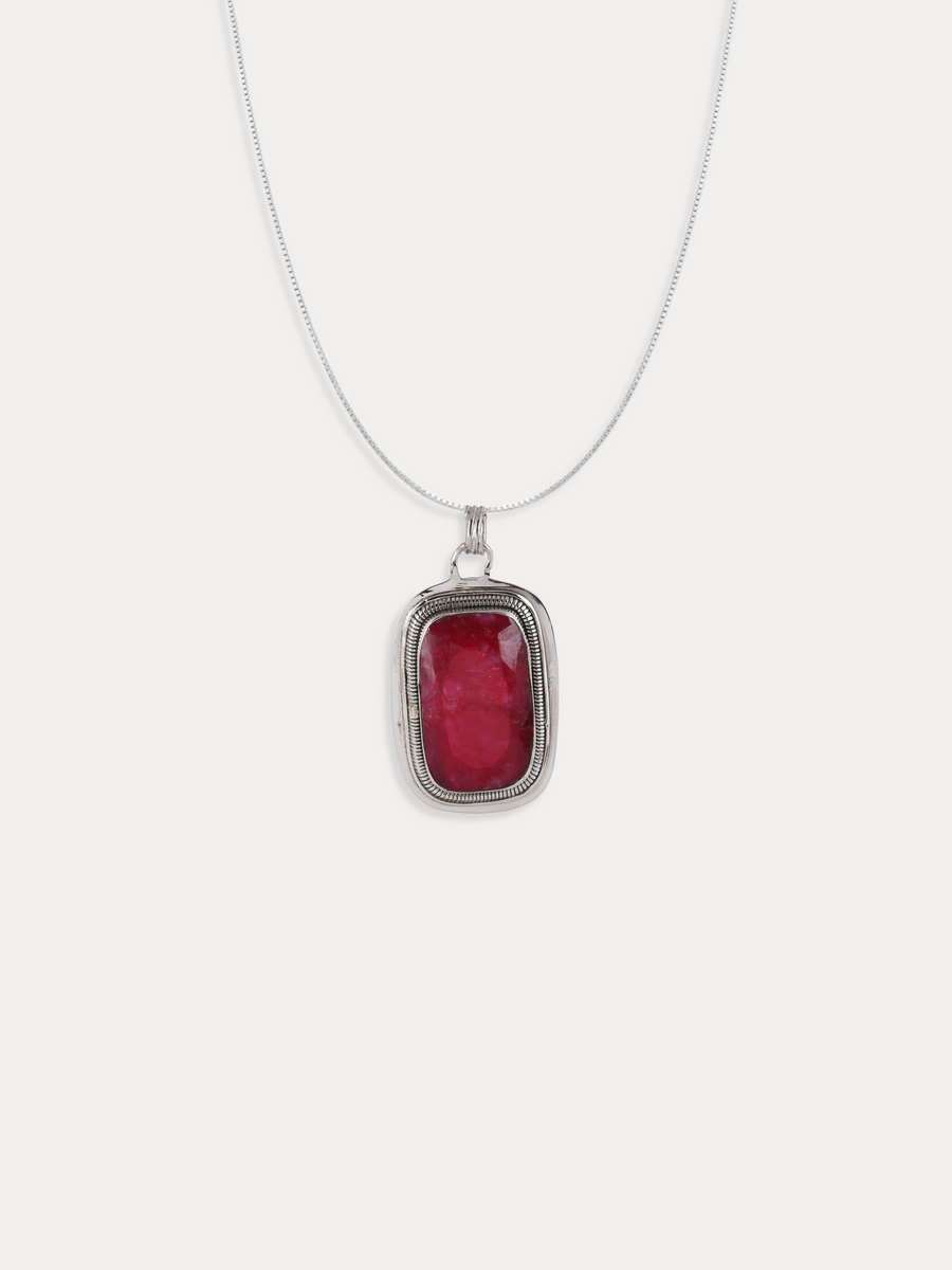 Ruby Gemstone Studded Pendant Silver Necklace