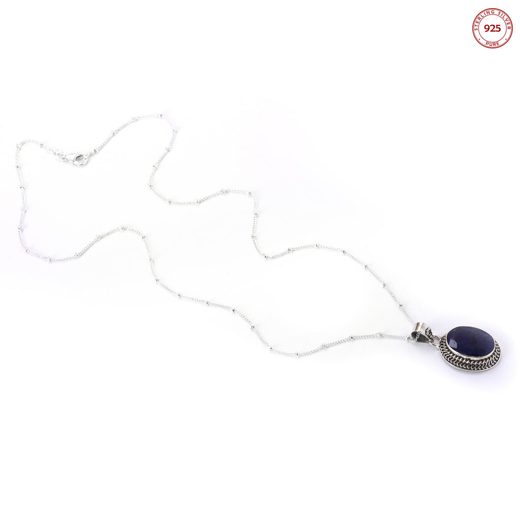 Blue Oval Lolite Pendant Silver Necklace