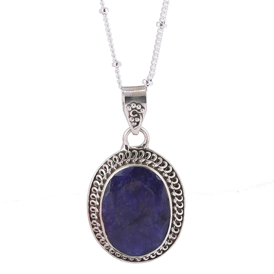 Blue Oval Lolite Pendant Silver Necklace