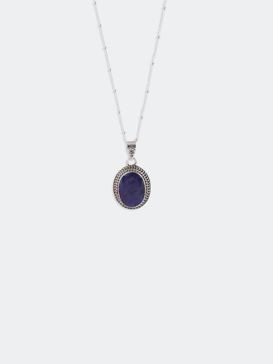 Blue Oval Lolite Pendant Silver Necklace