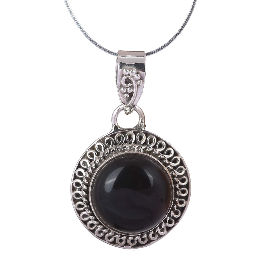 Antique Black Onyx Pendant Silver Necklace