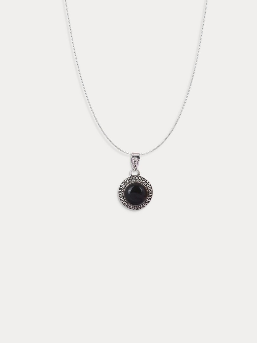 Antique Black Onyx Pendant Silver Necklace