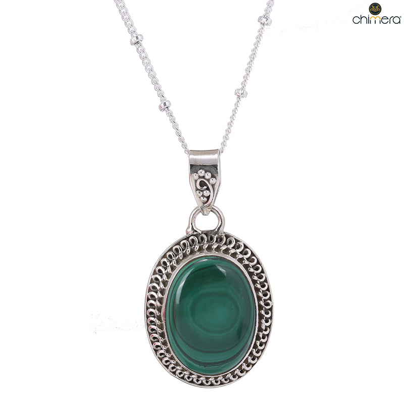 Natural Malachite pendant Silver Necklace