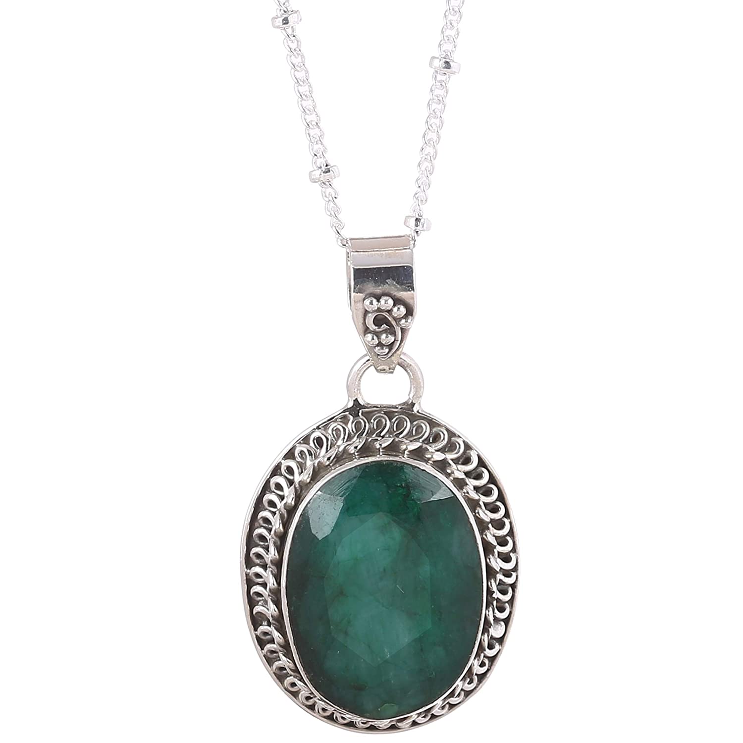 Green Emerald Gemstone Pendant Silver Necklace