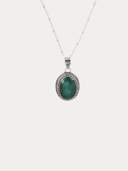 Green Emerald Gemstone Pendant Silver Necklace