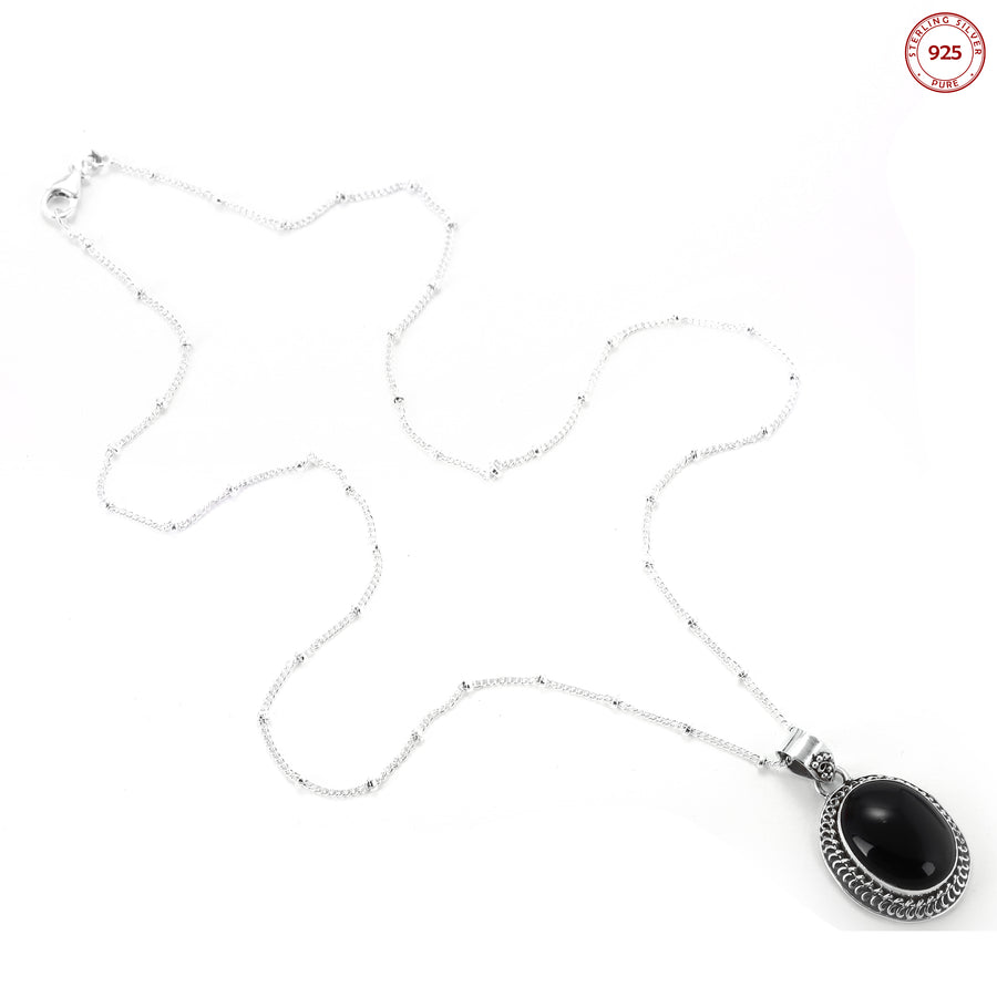 Black Oval Onyx Pendant Silver Necklace