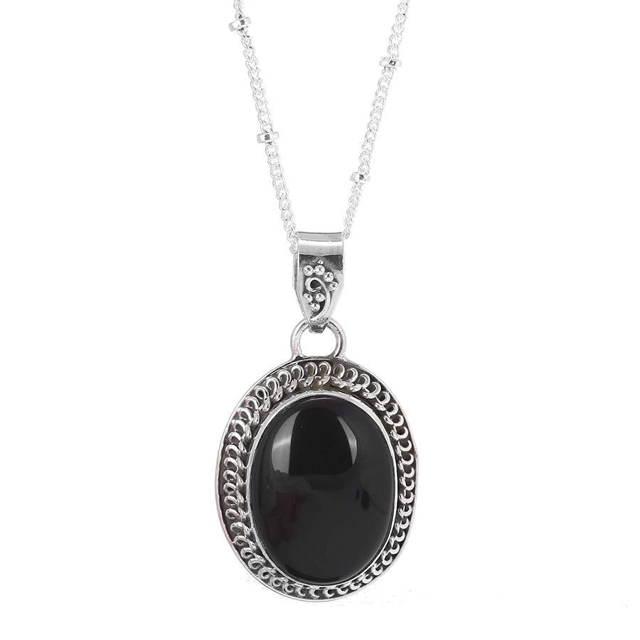 Black Oval Onyx Pendant Silver Necklace