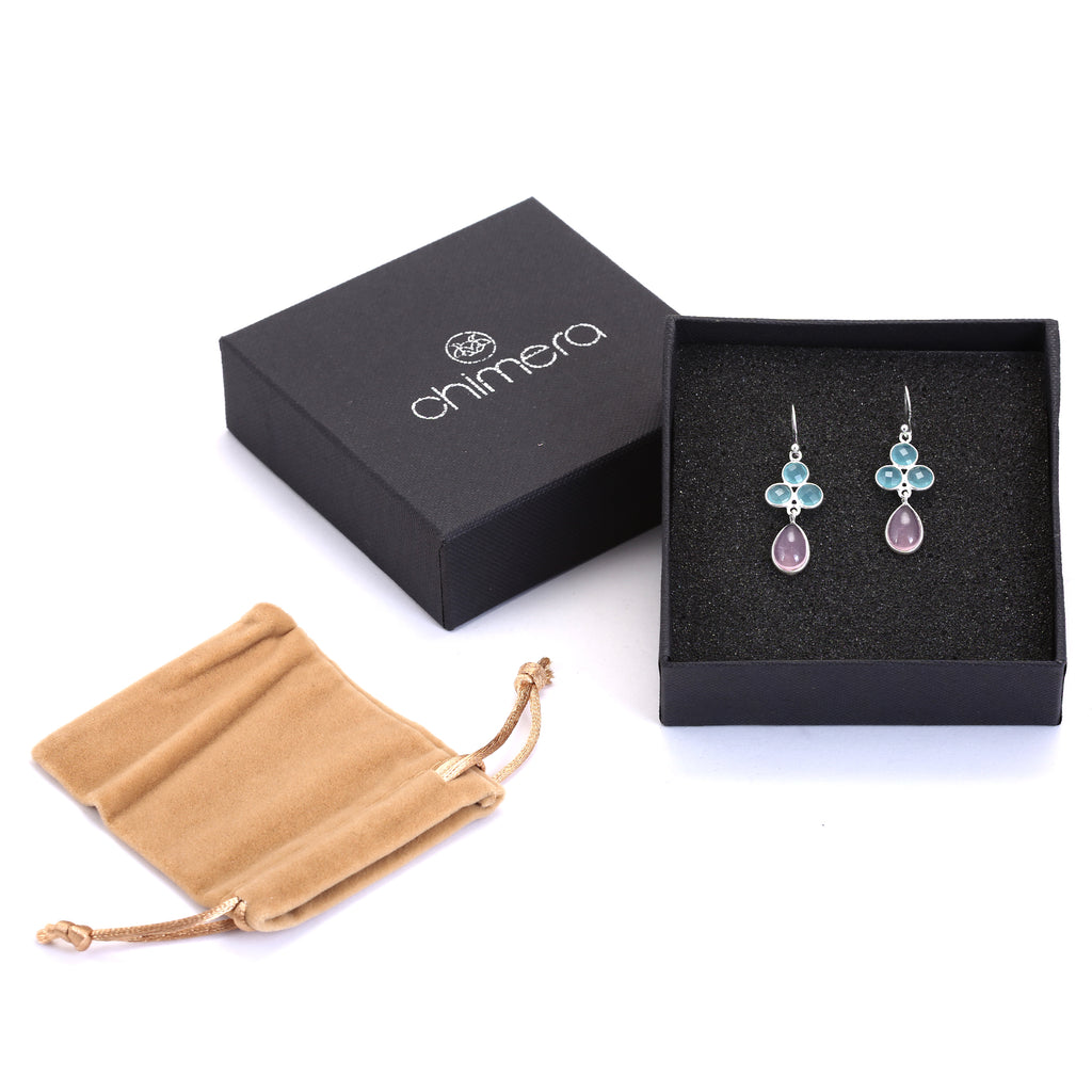 Grandidierite & Pink Chalcedony Dangle Droplet Earrings