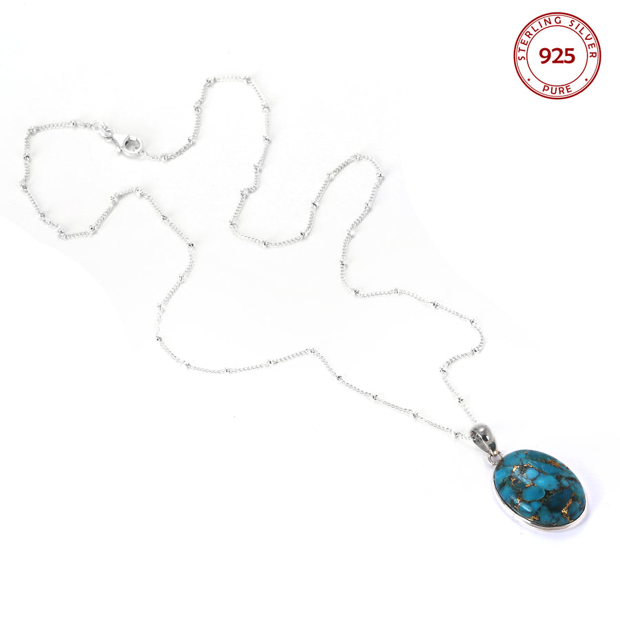 Blue Copper Turquoise Pendant Silver Necklace