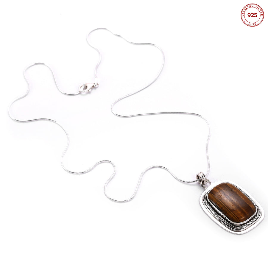 Tiger Eye Studded Pendant Silver Necklace