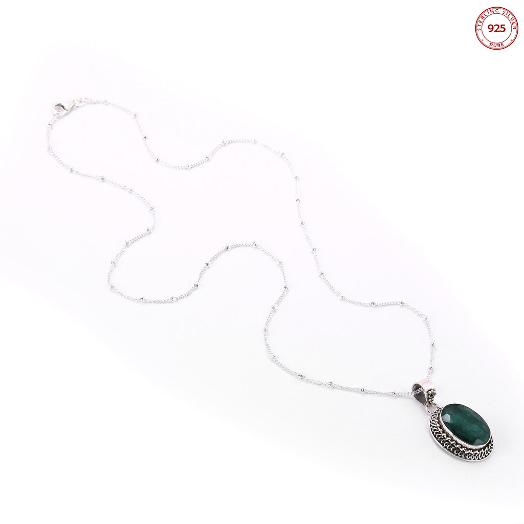 Green Emerald Gemstone Pendant Silver Necklace