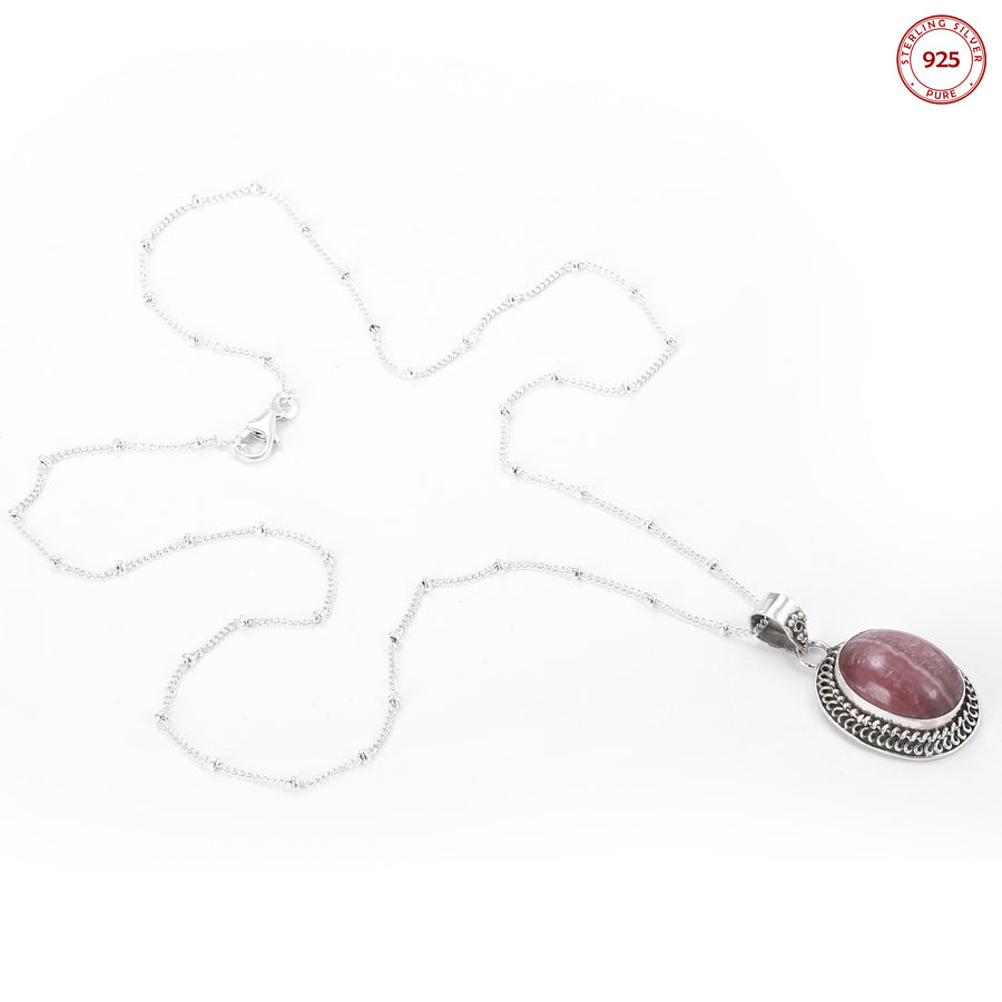 Rhodochrosite Studded Pendant Silver Necklace